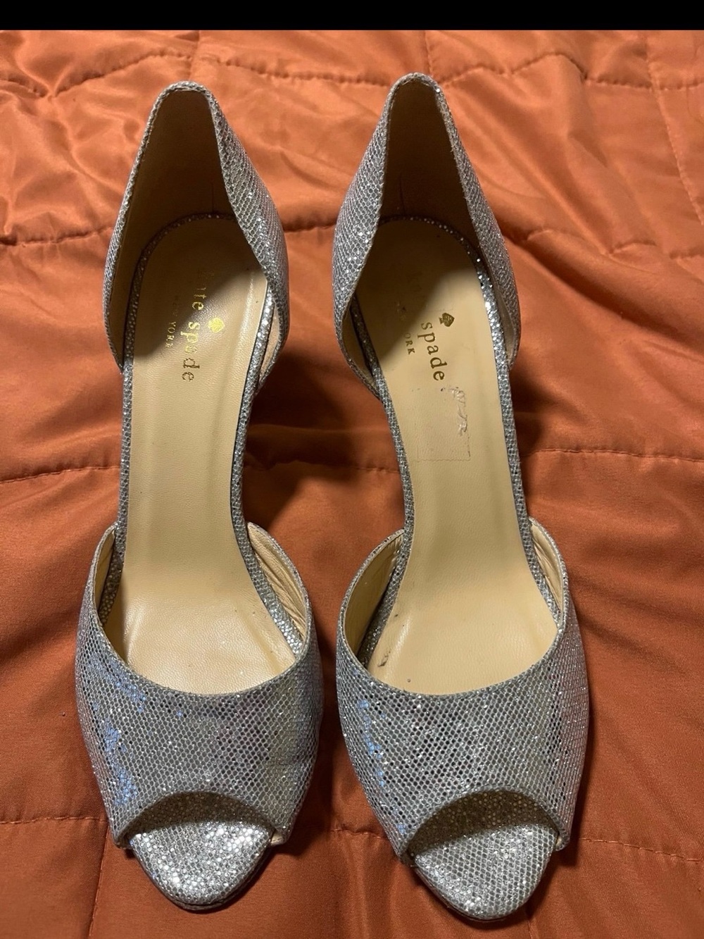 kate spade Silver Glitter Peep-Toe D'Orsay Heels